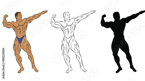 A muscular man posing in three different artistic styles and colors.