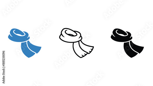 Three colorful scarf icons in blue, white, and black on a white background