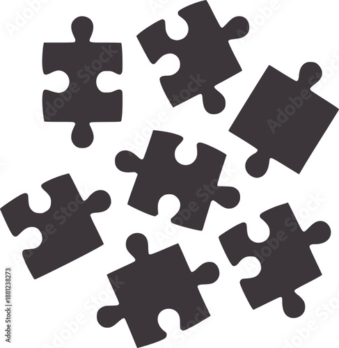 Seven gray puzzle pieces scattered a abstract