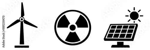 Solid icon energy concept set featuring a wind turbine, a nuclear symbol, and a solar panel for power generation and sustainability
