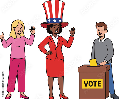 Voting and election participation illustration, diverse voters casting ballot at polling station, democracy civic engagement political process concept