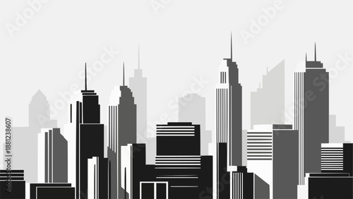 Modern City Skyline Silhouette with Tall Buildings.