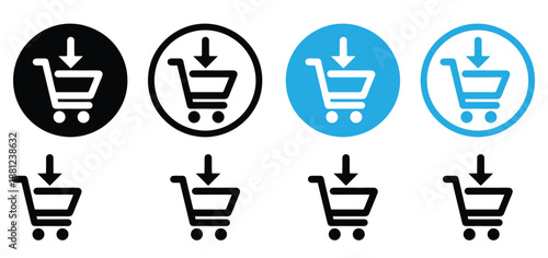 Add to cart shopping trolley icon set with down arrow symbols for e-commerce website design,Shopping cart set icon on white background. Simple supermarket vector