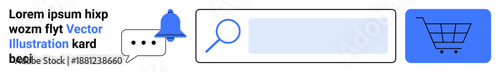 Communication, notifications, online shopping, search tools, technology, digital design. Speech bubble, notification bell search bar shopping cart. Notifications and online shopping concept