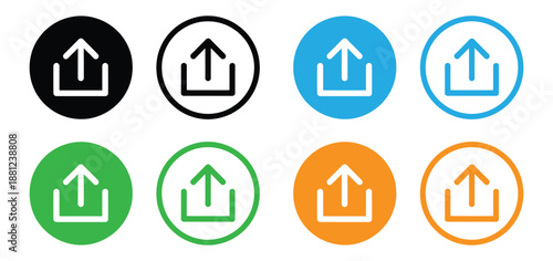 Upload icon set with arrow symbols in colorful circular buttons for user interface and web design,Upload icon logo design. load data sign and symbol,Upload sign icon. Upload button. Load symbol