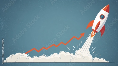 Cartoon rocket ascending with growing arrow on blue backdrop