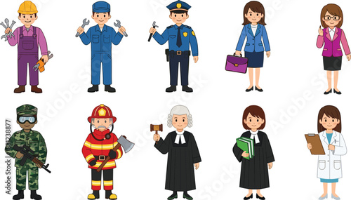 Cartoon people profession illustration set, mechanic police firefighter doctor lawyer businesswoman soldier, flat design job characters collection