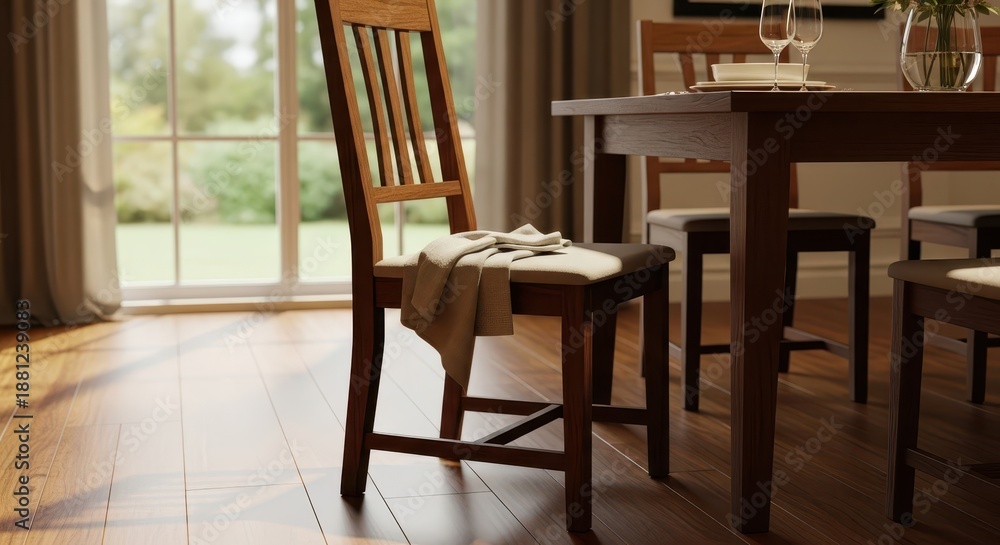 Fototapeta premium Wooden dining chairs surround a table set near a large window overlooking greenery