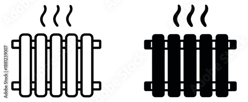 Heating radiator icon set featuring line art and solid versions depicting warmth for energy and home comfort themes