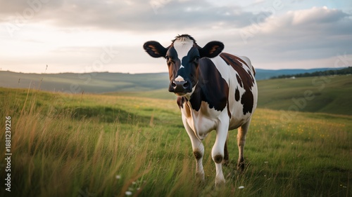 A black and white Holstein cow grazes on green grass in a rural meadow landscape under a summer sky, showcasing traditional dairy farming and livestock agriculture in a vast field pasture