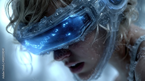 Close-up of a person wearing futuristic goggles with glowing blue displays, highlighting advanced technology and a captivating, icy aesthetic.