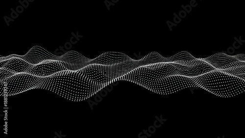 Abstract digital waveform of white dots on a black background, representing data or sound visualization.