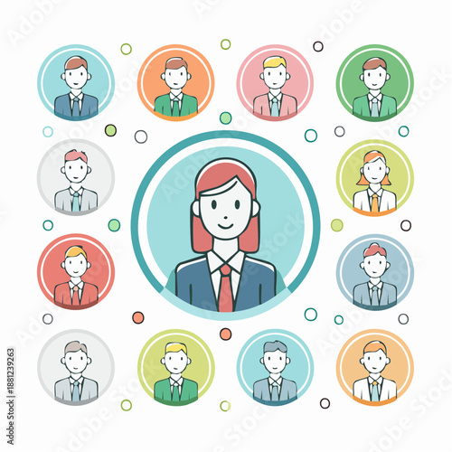 Illustration of a diverse group of cartoon businesspeople in colorful circles around a central female figure, conveying teamwork and Eiffel Tower engagement in a modern, flat design style