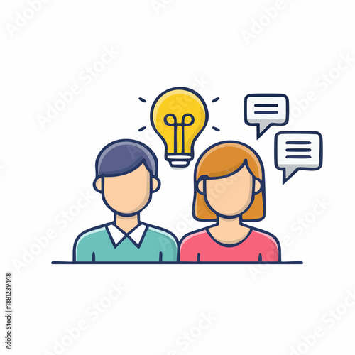 Illustration of a man and woman with a lightbulb and speech bubbles, symbolizing a creative idea or conversation against a clean white background.