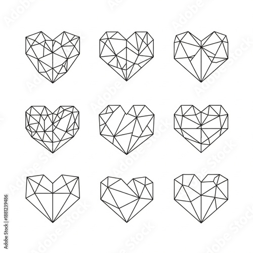 Set of polygonal heart shapes in black lines on white background geometric design elements for love and valentine's day concepts