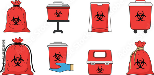 Biohazard waste container illustration set, red medical infectious trash bags and bins, hazardous disposal equipment, healthcare safety vector icons