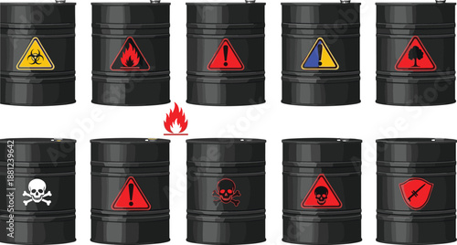 Black hazardous chemical barrels illustration, industrial warning drums with danger symbols, toxic flammable biohazard waste storage concept vector