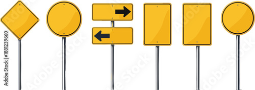 Blank yellow road signs set illustration, empty traffic signboards with arrows, warning direction signage collection isolated vector design