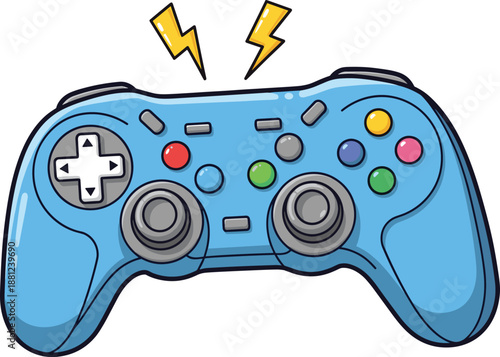 Blue game controller illustration, cartoon video gaming joystick icon, modern console pad design isolated on white background, vector digital artwork