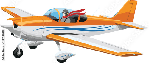 Cartoon airplane illustration, single-engine plane, orange and white design, blue stripes, pilot with goggles, red scarf, aviation artwork, travel adventure, flight motion, propeller aircraft