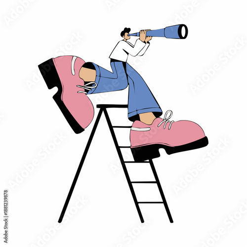 Man Looking Through Telescope on Ladder.