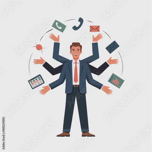 Man with Multiple Arms Handling Tasks.