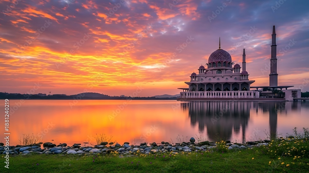 Obraz premium Serene Mosque at Sunset by the Lake