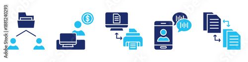 file management icon set. for digital documents. icon set contain files exchange, freelancer, printer, virtual assistant, file transfer. simple vector glyph duotone illustration.
