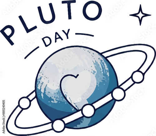 Creative and playful illustration celebrating Pluto Day, featuring the dwarf planet Pluto with rings and a heart-shaped detail