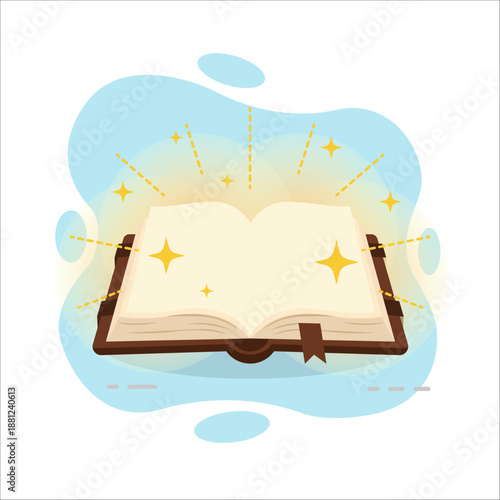Magical Open Book flat design vector Illustration Glowing Pages Empty State UI template for learning or discovery