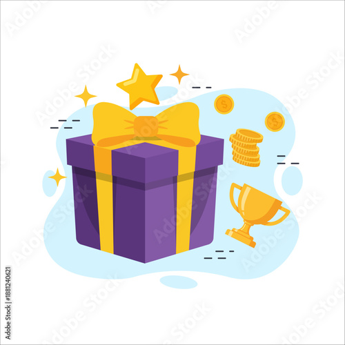 Shiny Reward Elements Gift Box Trophy Coins flat design vector empty state ui design for achievements or bonus presentation