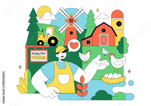 Poultry Farm Vector Illustration Featuring Chickens, Roosters, Straw, Cage, And Eggs On Green Field Scenery In Flat Cartoon Background Design