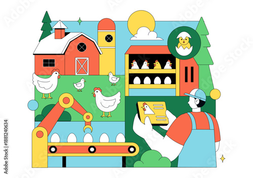 Poultry Farm Vector Illustration Featuring Chickens, Roosters, Straw, Cage, And Eggs On Green Field Scenery In Flat Cartoon Background Design