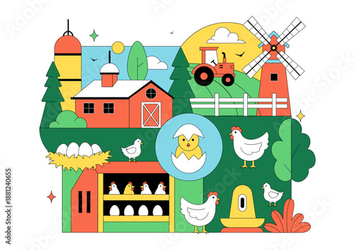 Poultry Farm Vector Illustration Featuring Chickens, Roosters, Straw, Cage, And Eggs On Green Field Scenery In Flat Cartoon Background Design