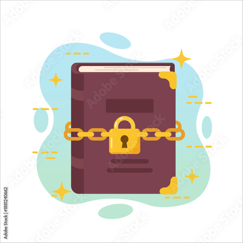 Mysterious knowledge book locked with heavy golden chain and shiny padlock flat design vector empty state ui graphic illustration