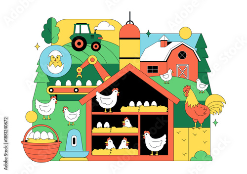 Poultry Farm Vector Illustration Featuring Chickens, Roosters, Straw, Cage, And Eggs On Green Field Scenery In Flat Cartoon Background Design