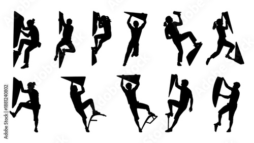 Silhouettes of Climbers Ascending a Rock Face in Various Poses