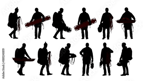Diverse silhouettes of adventurers preparing for their mountain expedition, carrying essential climbing gear and ropes