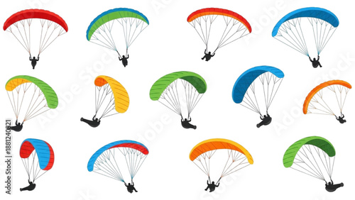 Collection of Colorful Paragliders in Mid-Air, Ready for Extreme Sports Adventure