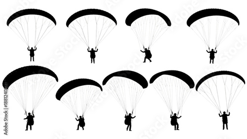 Collection of Dynamic Silhouettes Illustrating Individuals Engaged in Paragliding and Aerial Adventure Sports
