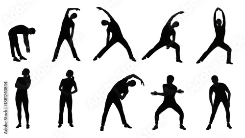 Silhouette poses of people performing various stretching exercises and movements