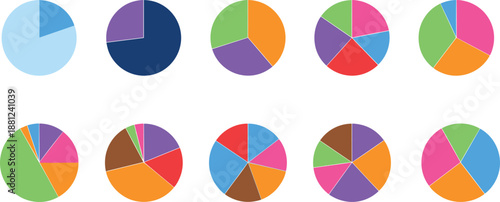 Colorful pie chart infographic set, data visualization elements collection, modern flat design statistics graphs for business analytics isolated on white