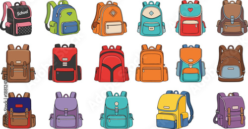 Colorful school backpack icon set, student bag collection illustration, modern flat vector designs for kids, education, travel isolated on white