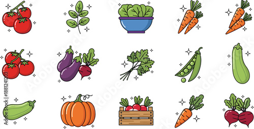 Cute vegetable icon set with tomatoes carrots pumpkin leafy greens fresh organic food flat vector illustration collection
