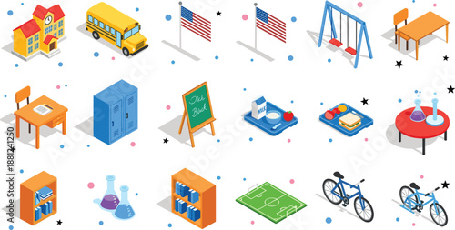 Isometric school education icons set with classroom furniture cafeteria science lab playground transport sports and library elements vector illustration