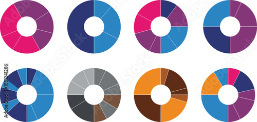 Modern donut chart infographic collection, circular pie charts set, colorful data visualization elements, business analytics statistics graphics