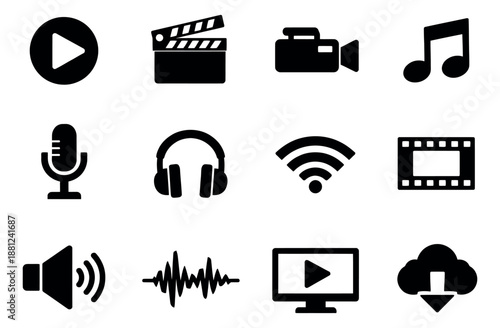 Solid black media and communication icon set featuring audio, video, and network symbols for digital design