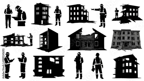 Disaster Relief and Building Reconstruction Silhouettes