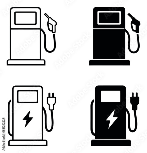 Outline and solid graphic fuel and electric vehicle icons set featuring gas pumps and EV charging stations for energy, sustainability, and transportation topics