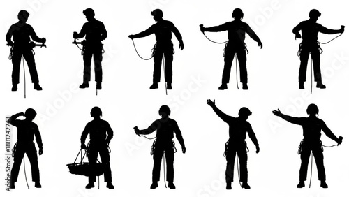 Collection of dynamic silhouette icons showcasing various rope handling, climbing, and safety techniques for adventurers and professionals